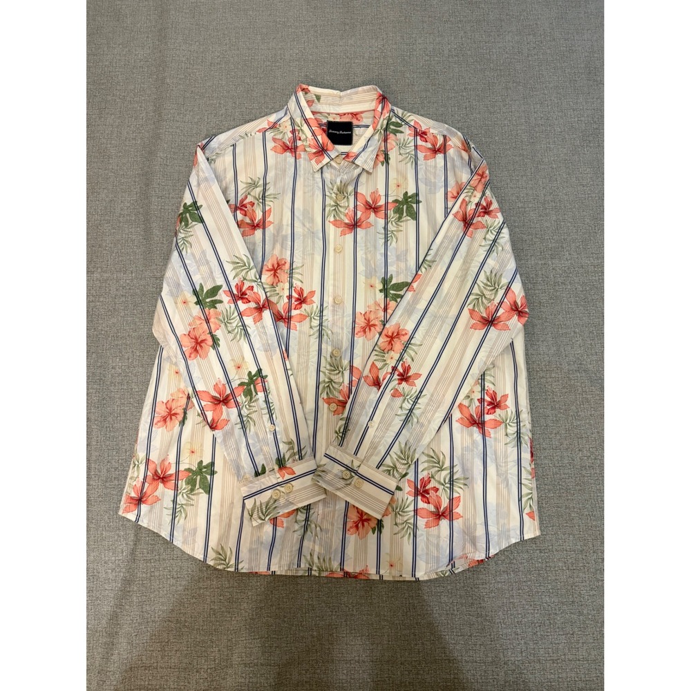 Tommy Bahama Mens XXL Silk Cotton Floral Stripe Long Sleeve Button Front Shirt